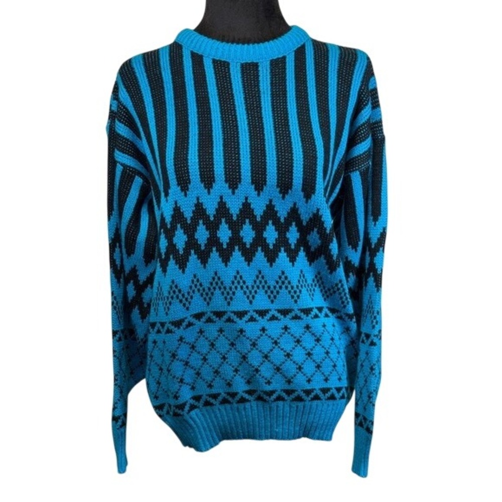Mirage Vintage 80s Teal Black Geometric Striped Knit Sweater Unisex